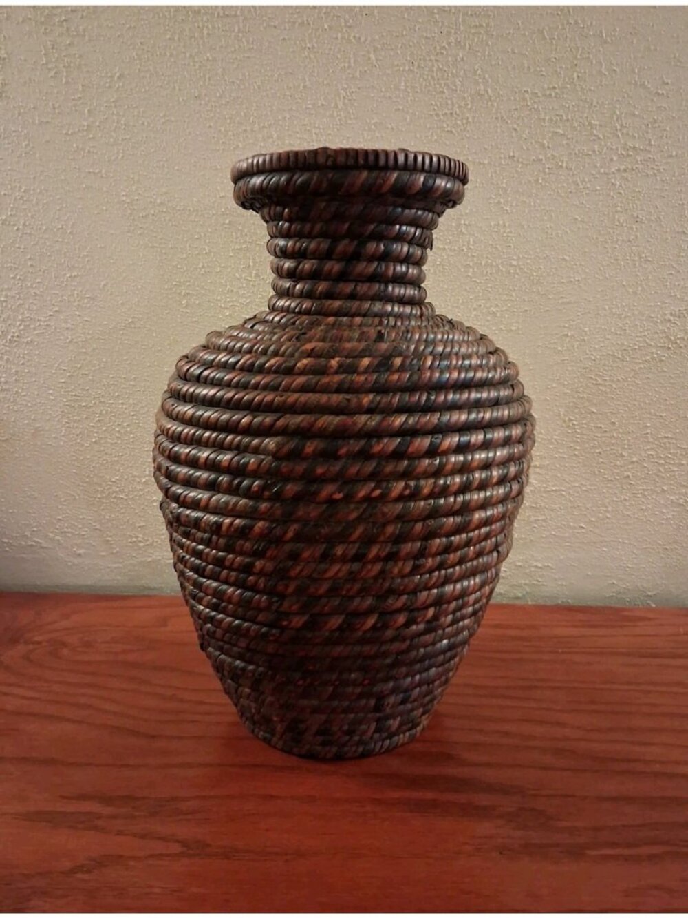 Vase Wicker Hand Woven Rolled Coiled Rattan Vintage Large 13.5 tall x 8.5 wide